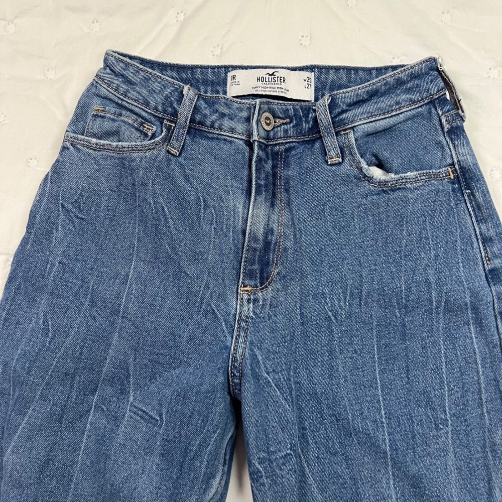 Hollister Curvy High-Rise Mom Jeans Patchwork Raw Hem Blue 355D2947 1R W25 L27
